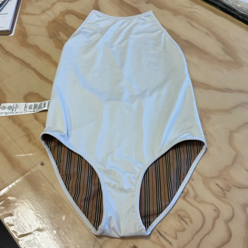 Authentic Burberry Girls Sadie Icon Stripe One Piece Swimsuit Plaid Beige 14Y 14